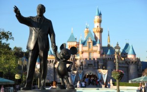 Above: The bronze "Partners" statue of Walt Disney and Mickey Mouse near the entrance of the Sleeping Beauty Castle in Disneyland