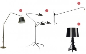 Above: 1) Tolemo Mega, $1400; 2) Serge Mouille Three-Arm Floor Lamp, $7400; 3) Prouvé Potence Lamp, $1800; 4) Kartell Bourgie Lamp, $450
