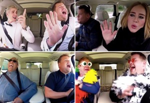 Above (clockwise): James Corden does carpool karaoke with Justin Bieber, Adele, Sir Elton John and Stevie Wonder